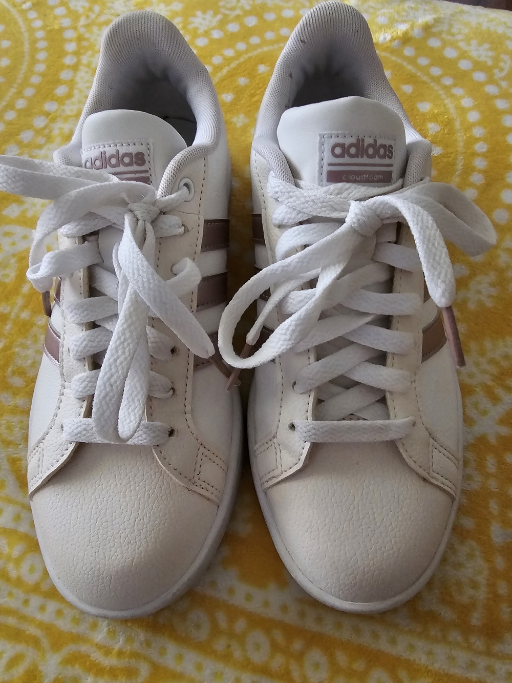 adidas Women’s White Sneakers with Rose Gold Stripes